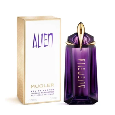 Mugler Alien Perfume for Women EDP 90 ml bottle with purple juice and silver cap on a dark background